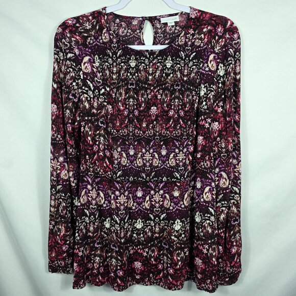 J. Jill Blouse Women's Size Small Purple Black Mixed Print Smocked Bodice - Picture 1 of 14